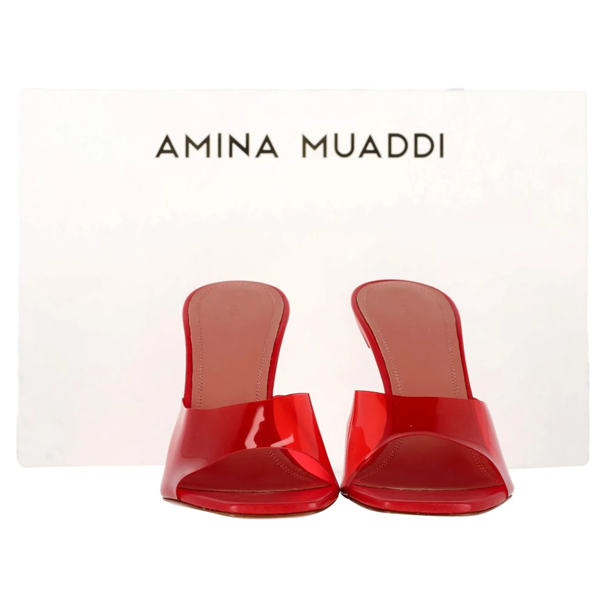 Amina Muaddi Lupita Slide Sandal Heels in Red PVC