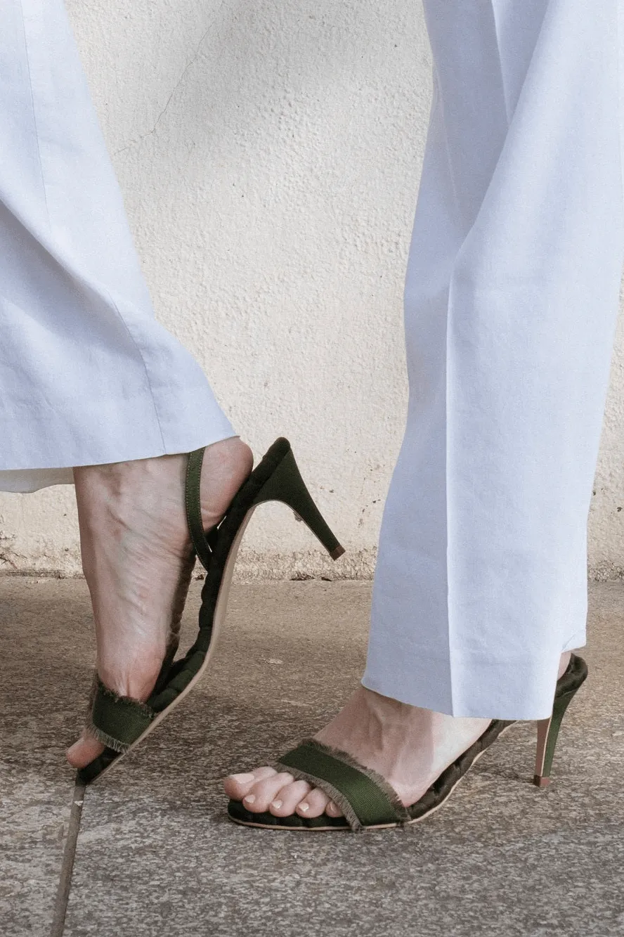 Claudia Vegan Cotton High-Heeled Slingback Sandals | Military Grosgrain