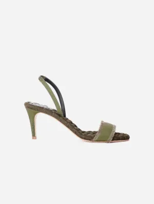 Claudia Vegan Cotton High-Heeled Slingback Sandals | Military Grosgrain