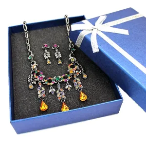 Crystal Color Rose Amethyst Orange Earring Necklace Set