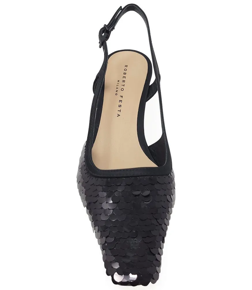 Roberto Festa Black Sequence Snip Toe Slingback Heel