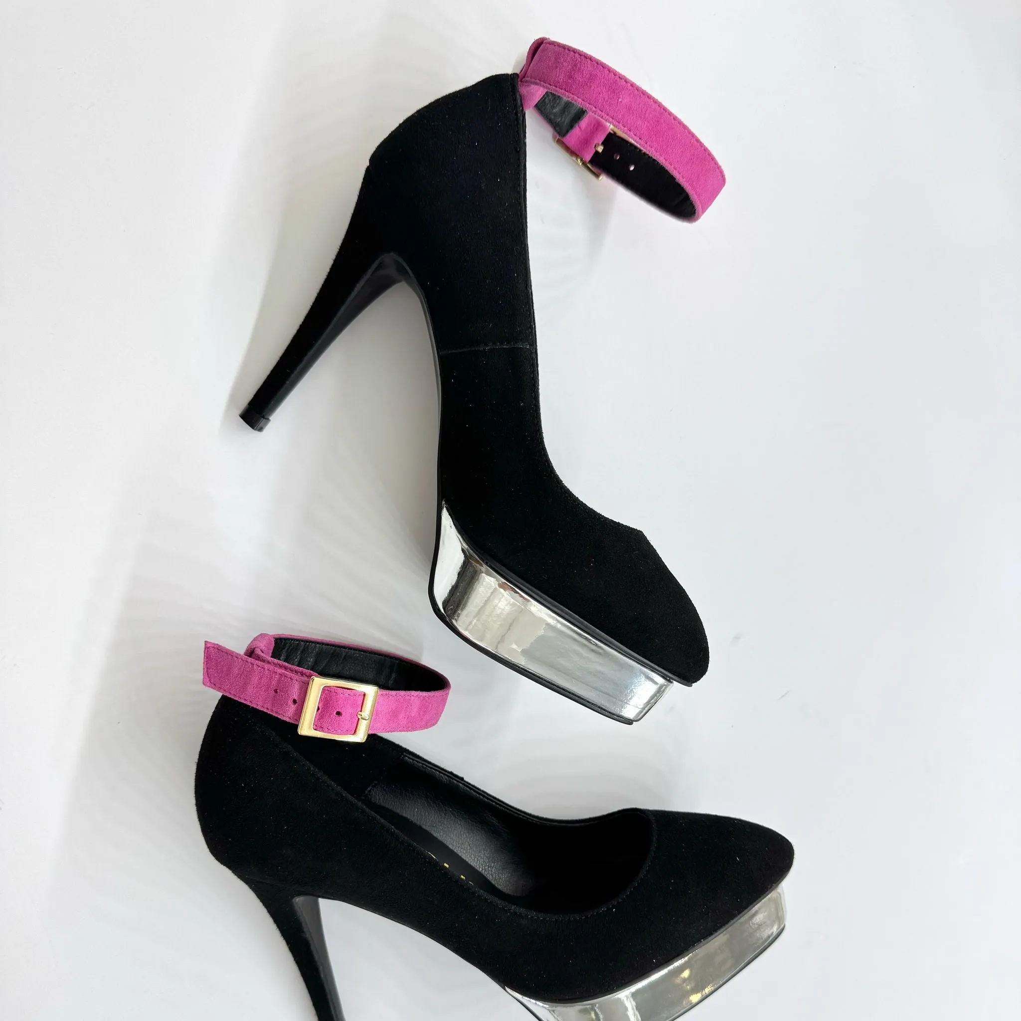 *UK size 2 - LUXX - platform heels (custom BLACK version -silver base - strap hot pink) 10/2cm heels