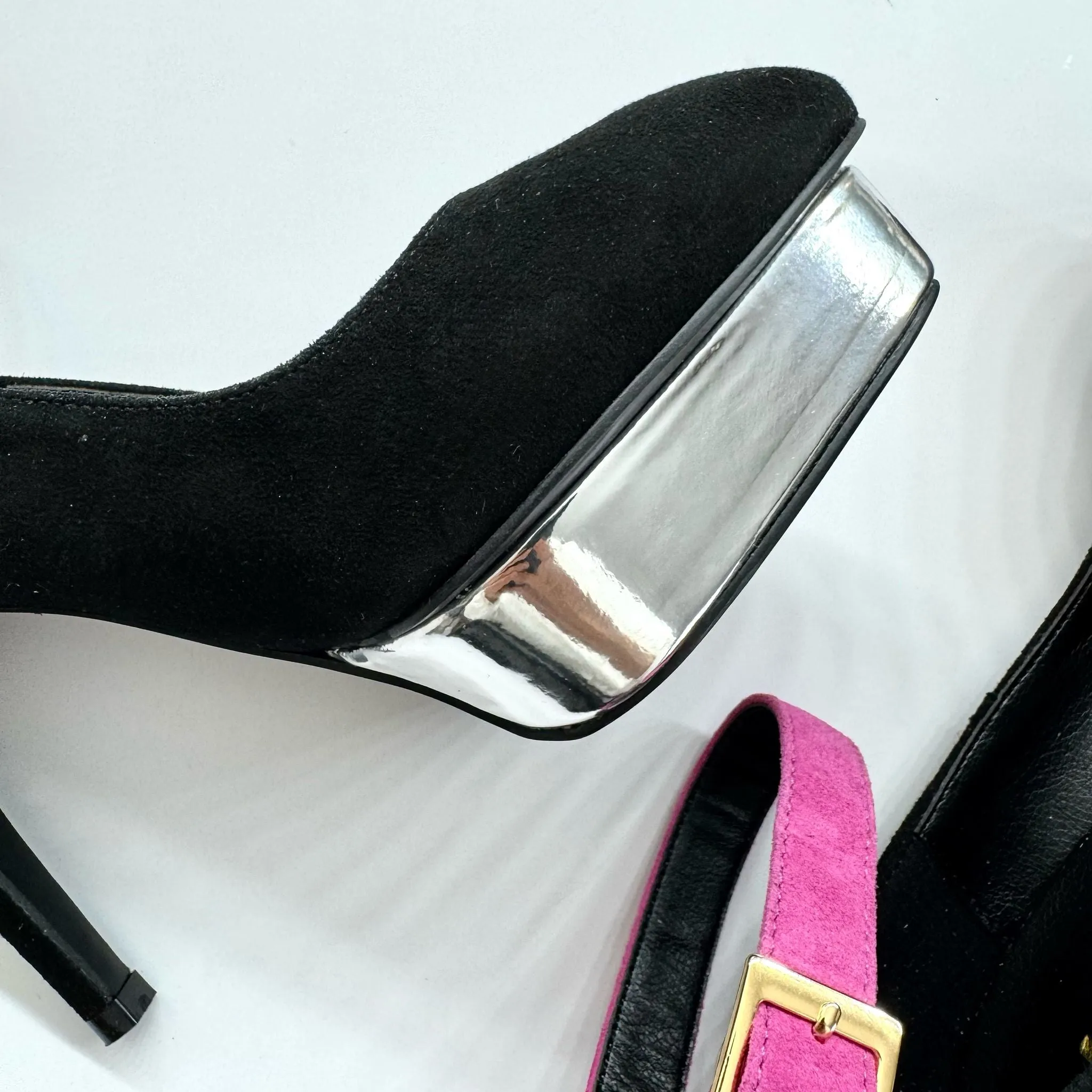 *UK size 2 - LUXX - platform heels (custom BLACK version -silver base - strap hot pink) 10/2cm heels