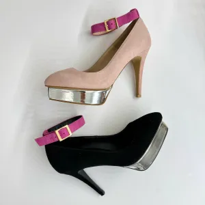 *UK size 2 - LUXX - platform heels (custom BLACK version -silver base - strap hot pink) 10/2cm heels
