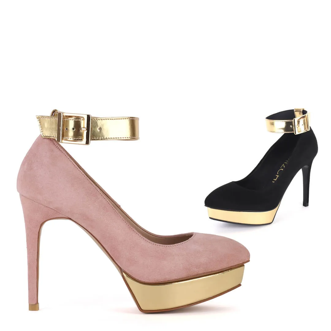 *UK size 2 - LUXX - platform heels (custom BLACK version -silver base - strap hot pink) 10/2cm heels