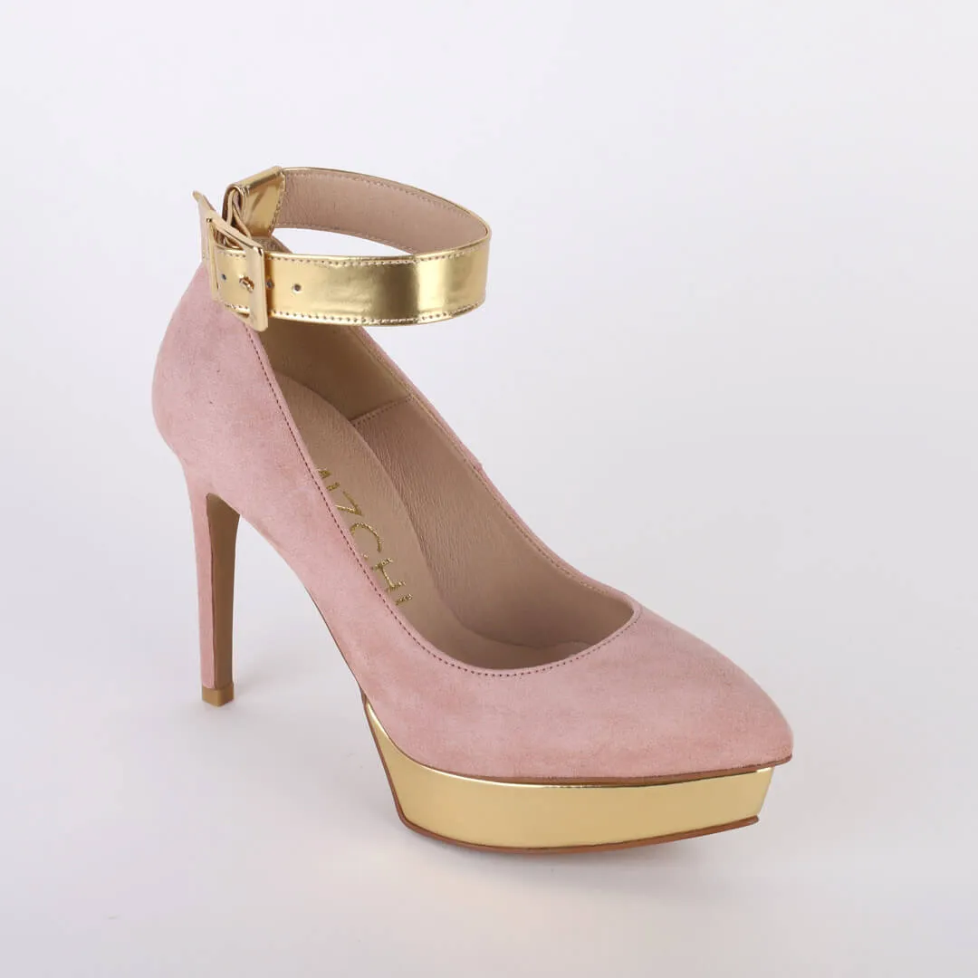 *UK size 2 - LUXX - platform heels (custom BLACK version -silver base - strap hot pink) 10/2cm heels